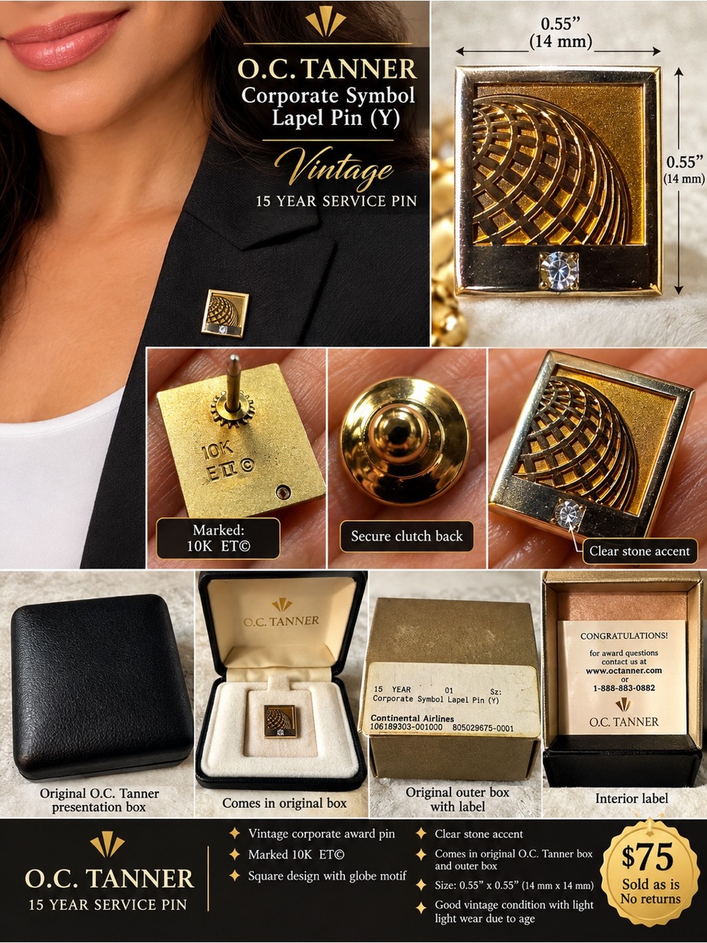 Vintage 15-Year Service Lapel Pin - Gold Square with Clear Stone